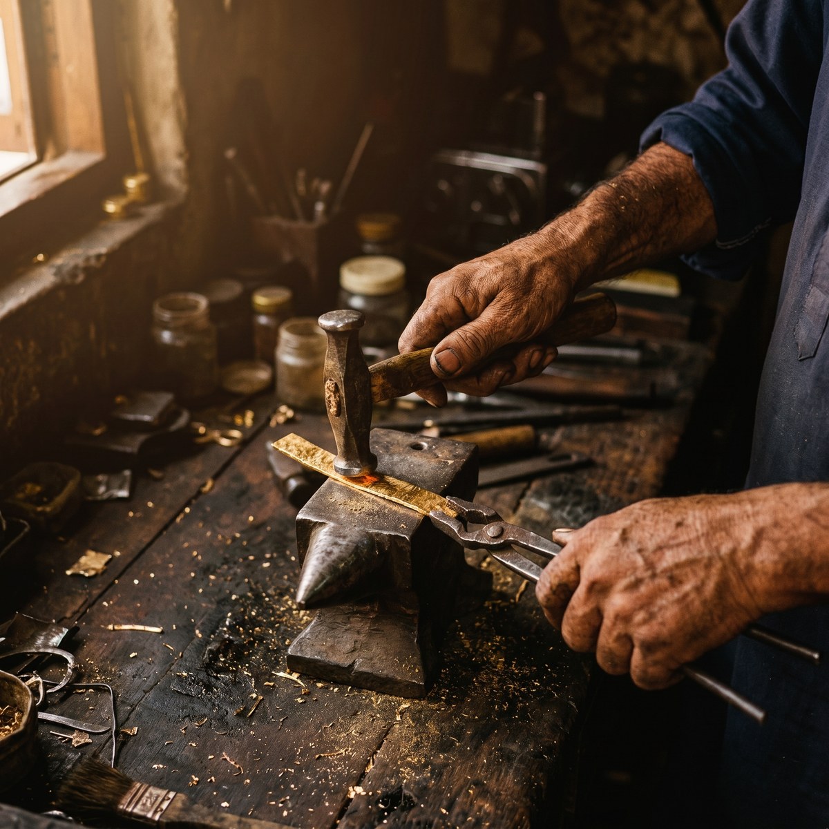 Raw gold being shaped in the workshop