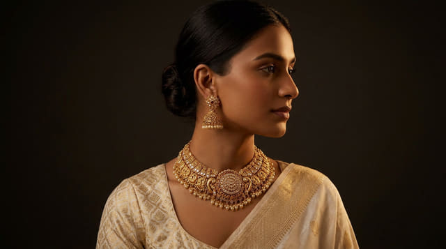 A bride wearing the antique-gold polki choker and matching jhumkas from the Indian Jewels signature bridal set