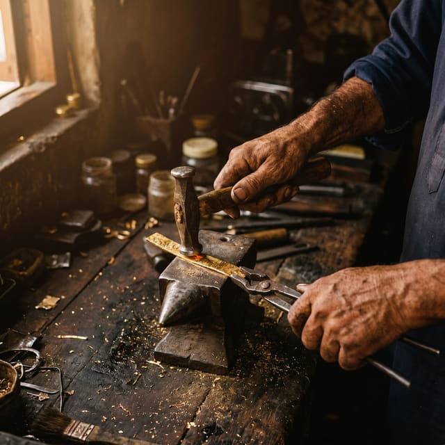 Raw gold being shaped in the workshop