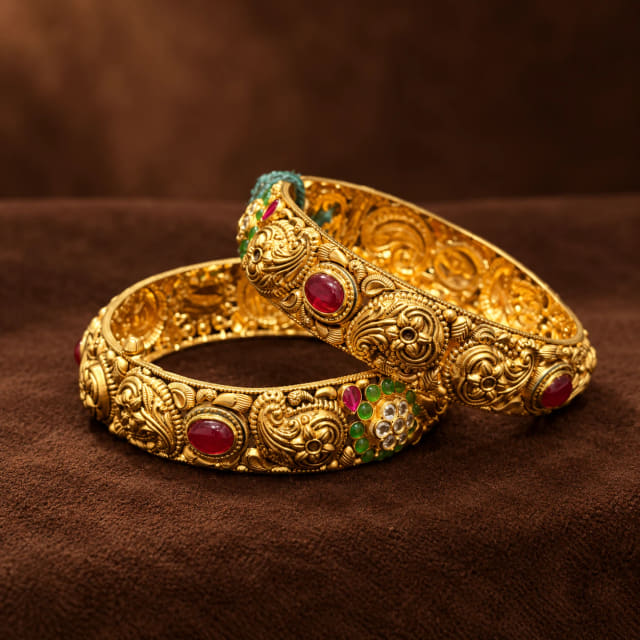 Carved Ruby and Green Kada