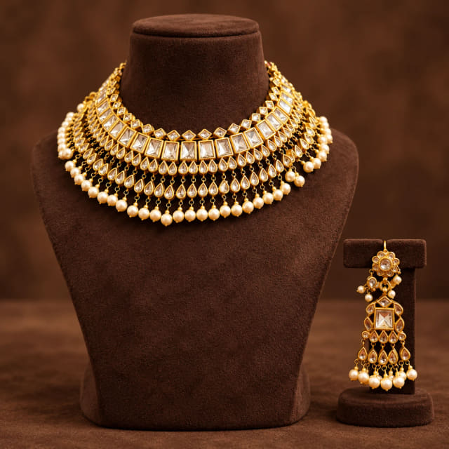 Kundan Black Bead Jhumka Set