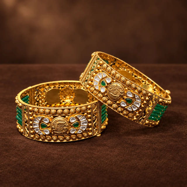 Kundan Emerald Wide Kada