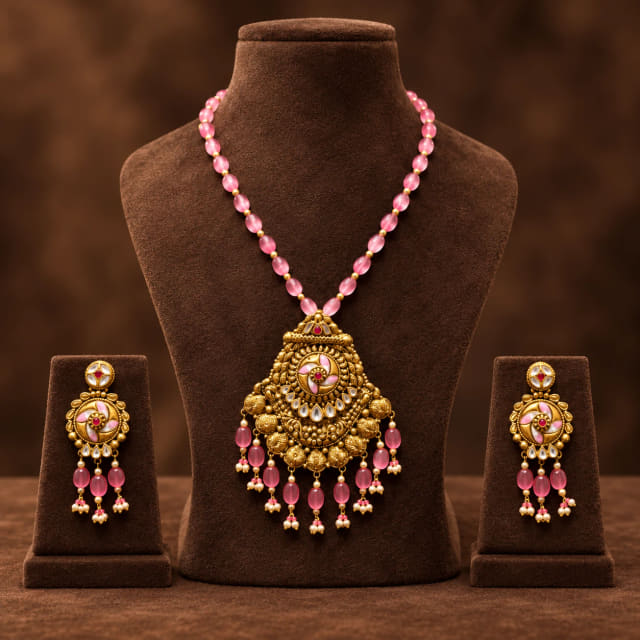Pink Bead Antique Pendant Set