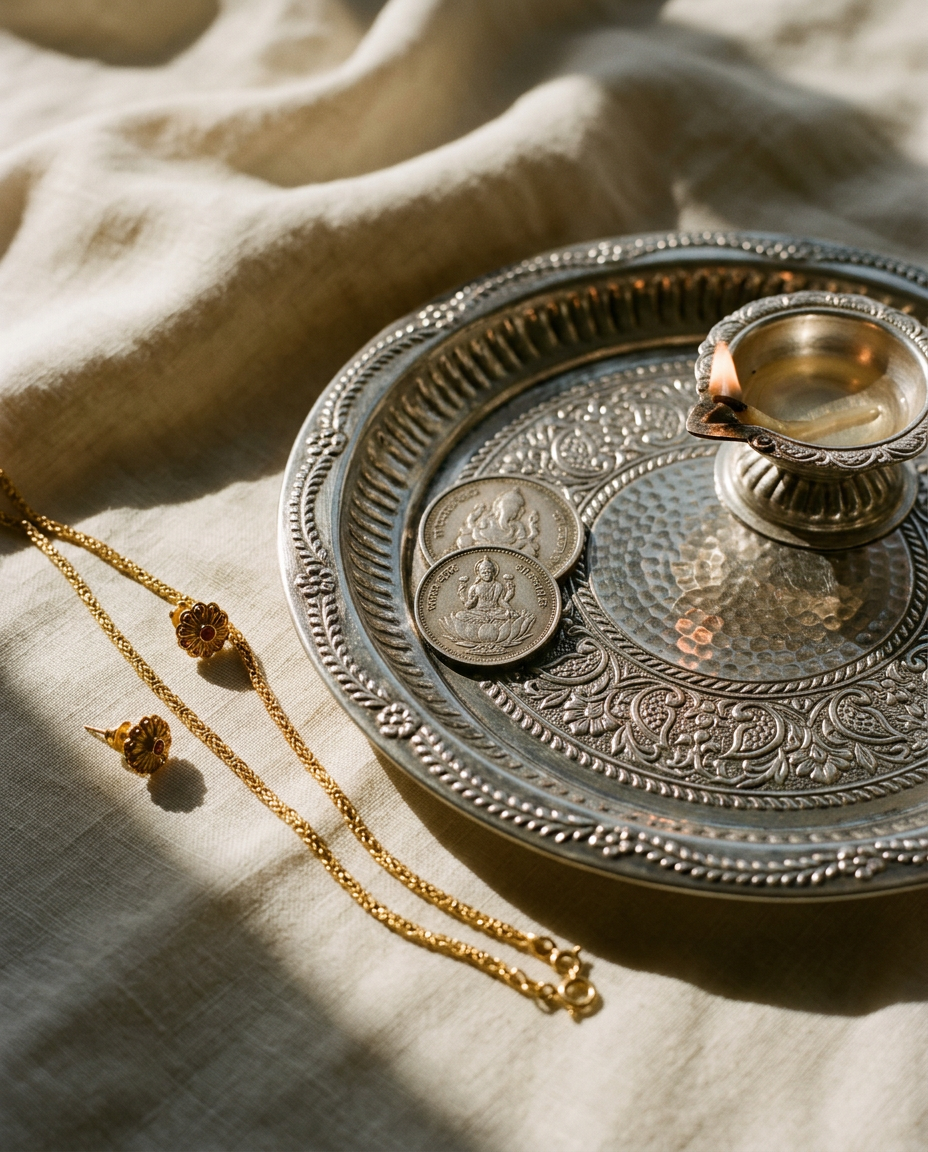 Silver thali, coins and a gold chain on ivory