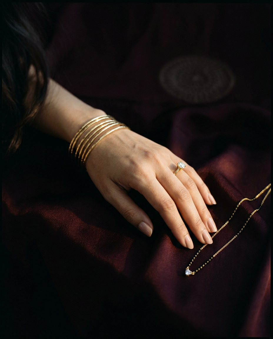 Slim gold bangles and a solitaire on oxblood silk