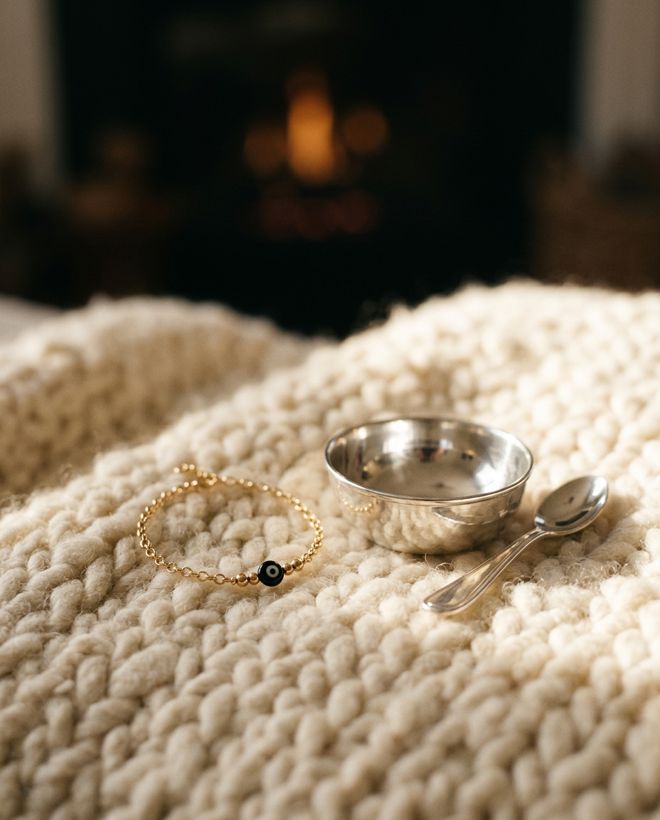 A child's gold bracelet beside a silver bowl and spoon