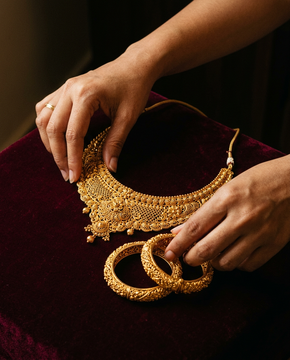 A bridal necklace and matched kadas being arranged on burgundy velvet